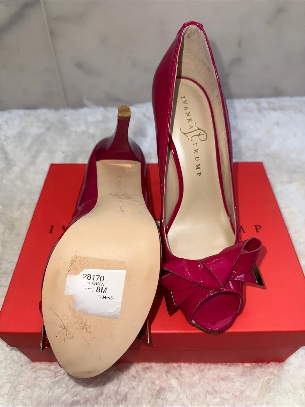 Ivanka Trump Hot Pink Patent Peep-Toe Heels with Bow 8m NIB